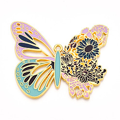 Сливовый Подвески из эмалированного сплава с гальванопокрытием, без кадмия, без никеля и без свинца, бабочка с цветочными подвесками, золотые, слива, 55.5x67x2 мм, отверстие : 2.5 мм