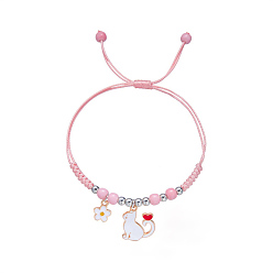Бледно-Розовый Регулируемые нейлоновые нити плетеные браслеты из бисера, с подвесками из эмалевого сплава в виде кошки, розовый жемчуг, 5-1/2~11-3/8 дюйм (14~29 см)