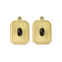 Обсидиан Природные подвески обсидиана, ионное покрытие (IP) 304 прямоугольные подвески из нержавеющей стали, реальный 18 k позолоченный, 18.5x12x3.5 мм, отверстие : 1.4 мм