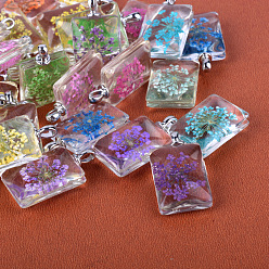 Платина Прямоугольник литые стеклянные подвески, без кадмия и без свинца, с сухих цветов внутри, платина, 40x23x9~12 мм, отверстие : 4.5x2.5 мм