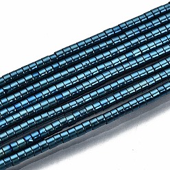 Royal Blue Electroplate Non-magnetic Synthetic Hematite Beads Strands, Column, Royal Blue, 1.5x1mm, Hole: 0.5mm, about 377~383pcs/strand, 15.75 inch~15.94 inch(40cm~40.5cm)