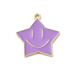Средний Фиолетовый Подвески из эмали и сплава, золотые, очаровательные звезды с улыбающимся лицом, средне фиолетовый, 25x23x1.7 мм, отверстие : 1.6 мм