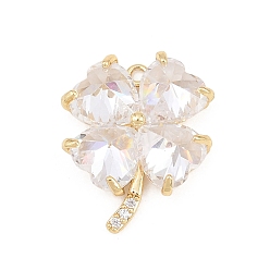 Настоящее золото 18K Латунные микропаве прозрачные подвески с фианитом, подвески в виде четырехлистного клевера, реальный 18 k позолоченный, 20.5x17.5x5.5 мм, отверстие : 1.4 мм