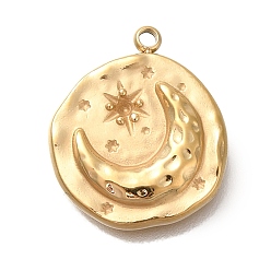 Настоящее золото 18K Ионное покрытие (ip) 304 подвеска из нержавеющей стали со стразами, плоская круглая с лунным шармом, реальный 18 k позолоченный, пригодный для 1.6 стразами мм, 17.5x15x2.5 мм, отверстие : 1.4 мм