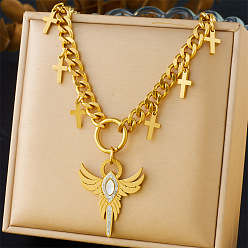 Cross 304 ожерелья с подвесками из нержавеющей стали с микропаве из прозрачных кубических цирконий, золотые, крест с крыльями, 13.78 дюйм (35 см)