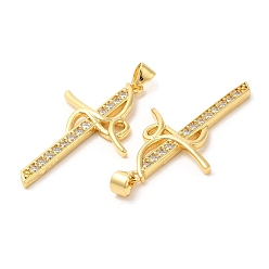 Real 16K Gold Plated Rack Plating Brass Pendants, with Cubic Zirconia, Sword, Real 16K Gold Plated, 36x20.5x3mm, Hole: 4.5x3mm