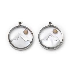 Stainless Steel Color 304 Stainless Steel & Natural Shell & Mustard Seed Pendants, Flat Round & Mountation Charm, Stainless Steel Color, 14x12x3mm, Hole: 1.2mm