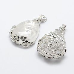 Хрусталь Природного кварца хрустальных подвесок, с латунной фурнитурой , слеза, платина, 40.5x27x8.5 мм, отверстие : 4x6.5 мм