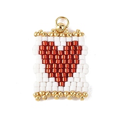 Red Romantic Glass Seed Bead Pendants, Rectangle with Heart Charm, with 304 Stainless Steel Open Jump Rings, Red, 21~22x16x1.5~1.8mm, Hole: 2mm