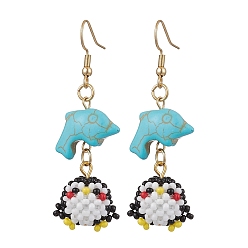 Золотой Болтаться серьги синтетические бирюзовые, с подвесками из плетеного стекла и 304 швензами из нержавеющей стали, пингвин, золотые, 57.5x19.5 мм