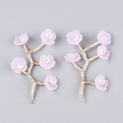 Сливовый Акриловые большие подвески, с прозрачными стеклянными бусинами и позолоченной латунной проволокой, цветок, слива, 55~60x30~35 мм, отверстие : 2 мм