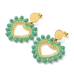 Средний Аквамарин Вакуумное покрытие pvd 304 серьги из нержавеющей стали, Серьги-гвоздики со стеклянными бусинами и сердцем, средний аквамарин, 41.5 мм