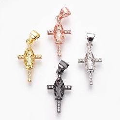 (52) Непрозрачная лаванда Латунные микро проложить кубического циркония подвески, без свинца, без кадмии и без никеля, долговечный, крест с девственной мари, прозрачные, разноцветные, 20x10x3 мм, отверстие : 3x3.5 мм
