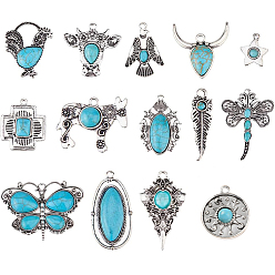 Mixed Shapes 15 шт. 15 стили окрашенные подвески из синтетической бирюзы, с настройки сплава, античное серебро, разнообразные, 17~56x8.5~206x3~7 мм, отверстие : 1.5~3.5 мм, 1 шт / стиль
