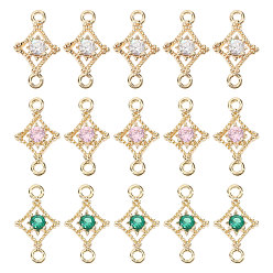 Mixed Color 15Pcs 3 Colors Brass Pave Cubic Zirconia Connector Charms, Rhombus Links, Real 14K Gold Plated, Mixed Color, 11.5x6.5x2mm, Hole: 1.1mm, 5pcs/color