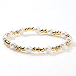 Золотой Латунные и смоляные круглые бусины, имитирующие жемчуг, эластичные украшения для женщин, золотые, 6.50 дюйм (16.5 см) ~ 6.89 дюйм (17.5 см)