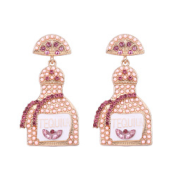 Розовый Серьги-гвоздики с подвесками из цинкового сплава со стразами, Флакон духов, с эмалью, золотые, туманная роза, 51x26 мм