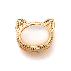 Настоящее золото 18K Латунные многорядные звенья из натуральной белой ракушки, форма головы кошки, реальный 18 k позолоченный, 8.5x10x5.5 мм, отверстие : 1.6 мм