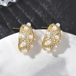 Настоящее золото 18K Серьги-гвоздики из латуни с микропаве из кубического циркония для женщин, серьги-кольца, с ABS имитации жемчуга, стойки покрытие, долговечный, без свинца и без кадмия, реальный 18 k позолоченный, 16x10 мм