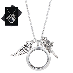 Antique Silver & Stainless Steel Color Alloy Wing Parrot Locket Pendant 304 Stainless Steel Cable Chain Necklaces for Women, Antique Silver & Stainless Steel Color, 13.19 inch(33.5cm)