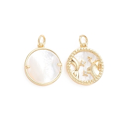 Рыбы Латунные микро проложить кубического циркония подвески, с натуральной оболочкой и прыжковым кольцом, плоские круглые с двенадцати созвездий, золотые, Рыбы, 17.5x15x2.5 мм, отверстие : 3.5 мм