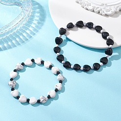 Смешанные камни 2 Набор эластичных браслетов из натурального говлита и черного оникса для пары, сердце, внутренний диаметр: 1.93~2.17 дюйм (4.9~5.5 см)