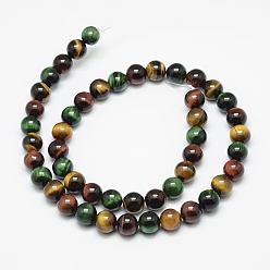 Mixed Color Natural Tiger Eye Beads Strands, Round, Grade A, Mixed Color, 8mm, Hole: 1.2mm,  about 48pcs/strand, 15.5 inch