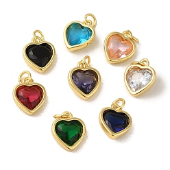 Mixed Color Heart Brass Glass Charms, Real 18K Gold Plated, with Jump Ring, Mixed Color, 13x10x4.5mm, Hole: 3mm