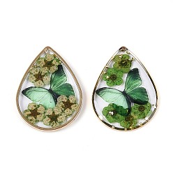 Средний Морско-зеленый Подвески из прозрачной эпоксидной смолы, Подвеска в форме капли с засушенным цветком и бабочкой., с золотой фольгой и латунью, средний морской зеленый, 35x25.5x3~4 мм, отверстие : 1~1.2 мм