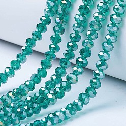 Dark Cyan Electroplate Glass Beads Strands, AB Color Plated, Faceted, Rondelle, Dark Cyan, 10x8mm, Hole: 1mm, about 65~66pcs/strand, 20.8~21.2 inch(53~54cm)