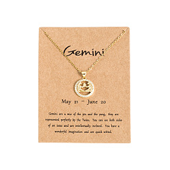 Близнецы Латунные микропаве прозрачные кубические цирконии плоские круглые подвески в виде созвездий, ожерелья из нержавеющей стали, золотые, Близнецы, 19.69 дюйм (50 см)