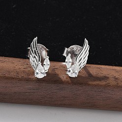 Платина 925 серьги-гвоздики из стерлингового серебра с прозрачным кубическим цирконием, крыло, слева и справа, платина, 10x5 мм