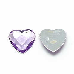 Medium Purple Acrylic Rhinestone Flat Back Cabochons, Faceted, Bottom Silver Plated, Heart, Medium Purple, 25x25x4.5~4.8mm