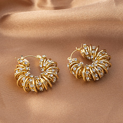 Золотой Многослойные серьги-кольца из латуни с микропаве из прозрачных кубических цирконий, золотые, 30 мм