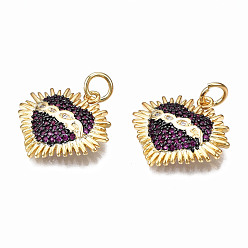 Purple Brass Micro Pave Cubic Zirconia Pendants, with Jump Rings, Nickel Free, Heart, Real 16K Gold Plated, Purple, 17.5x18.5x3mm, Jump Ring: 5x0.8mm, 3mm inner diameter
