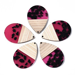 Medium Violet Red Transparent Resin & Walnut Wood Pendants, Two Tone, Teardrop, Medium Violet Red, 47x32x3.5mm, Hole: 2mm