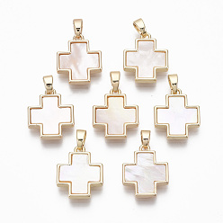 Seashell Color Brass Charms, with Freshwater Shell, Nickel Free, Real 18k Gold Plated, Cross, Seashell Color, 15x13x2.5mm, Hole: 2x4mm