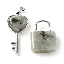 Лабрадорита Природные подвески лабрадорита, с латунной фурнитурой платинового цвета, Ключ и замок, 27~36.5x17~19.5x6.5~7 мм, отверстие : 8~9x5~9 мм