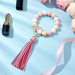 Бледно-Розовый Брелок с кисточкой из искусственной кожи на день святого валентина, с силиконовыми бусинами и фурнитурой из сплава для брелока, розовый жемчуг, 140 мм