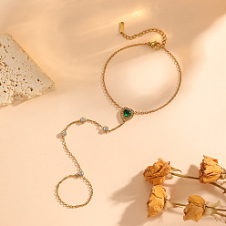 Verde 304 Pulseras de cadena con forma de corazón, de acero inoxidable y circonitas cúbicas engastadas, para mujer, dorado, verde, 6.30 pulgada (16 cm)