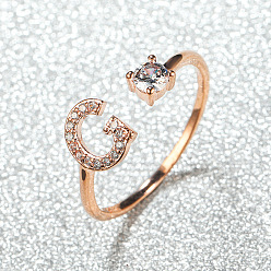 Letter G Манжеты из латуни с микро паве кубический цирконий для женщин, открытые кольца, розовое золото , Буква G, внутренний диаметр: 16~19 мм