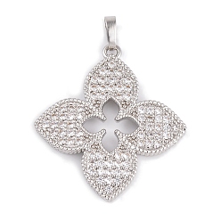 Платина Подвески из латуни и прозрачного циркония с покрытием стойки, без кадмия и без свинца, долговечный, клевер, платина, 32x30x3 мм, отверстие : 4x6 мм