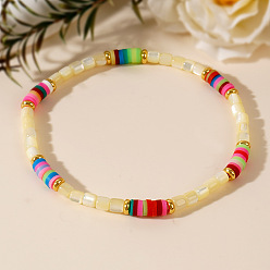 (404) Непрозрачное AB Кислое яблоко Браслеты из потрескавшихся натуральных ракушек для женщин, колонка, с бисером хэйши из полимерной глины ручной работы, цветочный белый, внутренний диаметр: 6-7/8 дюйм (17.5 см)