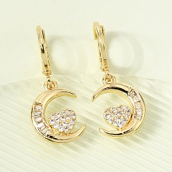 Настоящее золото 18K Серьги-кольца из латуни с микропаве и прозрачными кубическими циркониями в форме луны., без кадмия и без свинца, долговечный, стойки покрытие, реальный 18 k позолоченный, 29x11.5 мм