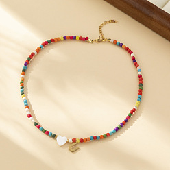 Letter U Ожерелья из круглых бусин в форме сердца из натуральных ракушек и разноцветных стеклянных семян, ожерелья шкентеля, 304 колье из нержавеющей стали, золотые, Буква U, 15.35 дюйм (39 см)