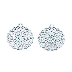 Лазурный Полые подвески из нержавеющей стали, окрашенные аэрозольной краской., круглые подвески с цветочным рисунком, лазурный, 430 мм, отверстие : 14.5x13x0.3 мм