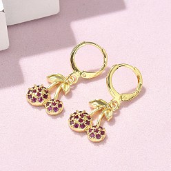 Настоящее золото 18K Серьги-гвоздики из латунного микро-паве, вишня, реальный 18 k позолоченный, 29x13 мм