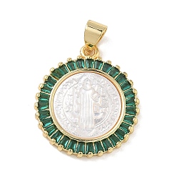 Зеленый Религия латунь микро проложить цирконий подвески, с оболочкой, плоский круглый со святыми подвесками, стойки покрытие, долговечный, без кадмия и без свинца, реальный 18 k позолоченный, зелёные, 21.5x18.5x3.5 мм, отверстие : 4.5x3.5 мм