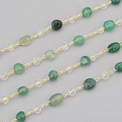Natural Agate Handmade Natural Green Agate Beaded Chains, with Rondelle Glass Beads and Brass Cable Chains, Long-Lasting Plated, Unwelded, with Spool, Nuggets, Golden, Link: 2.5x1x0.3mm, Gemstone Beads: 6~12x6~6.5x4~4.5mm, Glass Beads: 4x3mm, about 32.8 Feet(10m)/roll