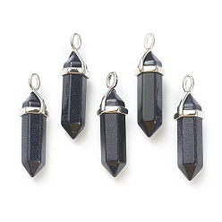 Blue Goldstone Synthetic Blue Goldstone Pendants, with Platinum Tone Brass Findings, Bullet, 39.5x12x11.5mm, Hole: 4.5x2.8mm